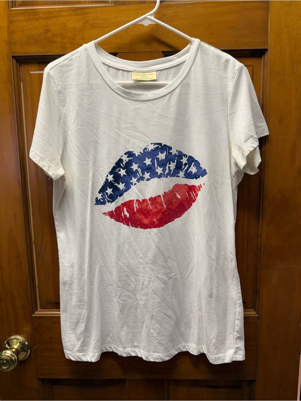 Bobbie Brooks White Short Sleeve Tee with Red & Blue Flag Lip Graphic